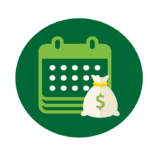 Green calendar with a money sack next to it graphic