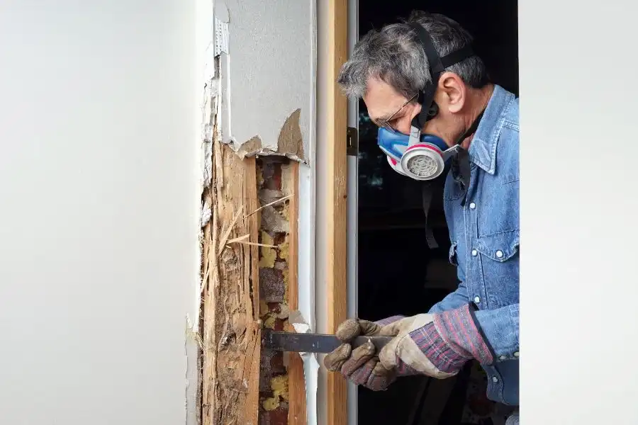 A man wearing a respirator and heavy gloves uses a pry bar to expose the interior of a wall, revealing structural wood studs that have been shredded and destroyed by termites.