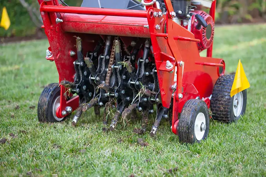 Close-up of a red mechanical core aerator machine pulling dirt plugs from a lawn to relieve soil compaction.