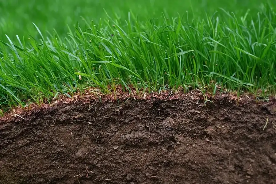 Cross-section view of a lawn showing strong green grass blades and a healthy root system in dark, nutrient-rich soil.