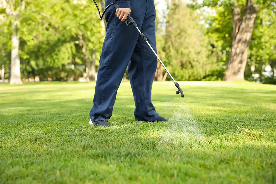 A lawn care professional in blue coveralls using a wand to spray a fine mist of liquid insecticide across a green yard.