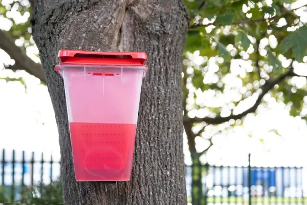 An EcoCatch Flies box hanging from a tree in a Florida business park. EcoCatch Flies requires no electricity and features a secure, weather-resistant design.