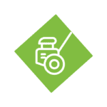 White lawnmower graphic with green background