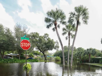 A residential street with palm trees and a stop sign submerged in floodwater.