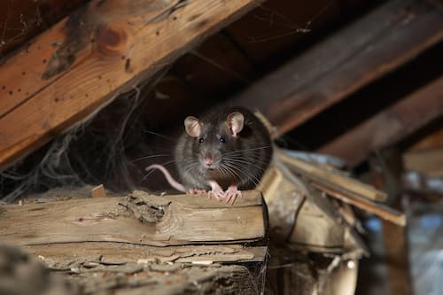 A brown rat on wooden beam in an attic, in a Florida home
