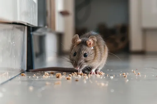 A small rat eating crumbs off the floor in a Florida home