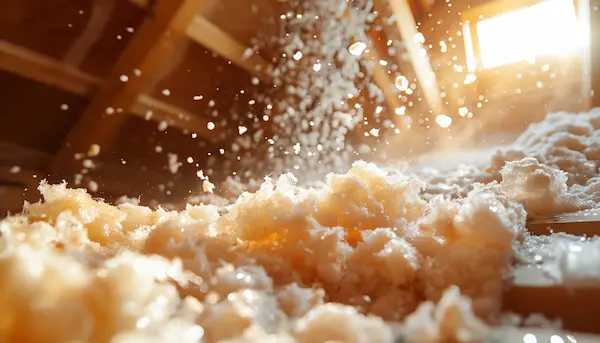 Closeup of insulation being blown into attic