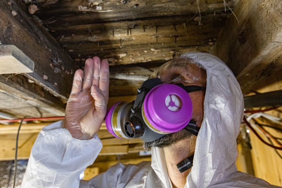 Man in protective gear inspecting under house